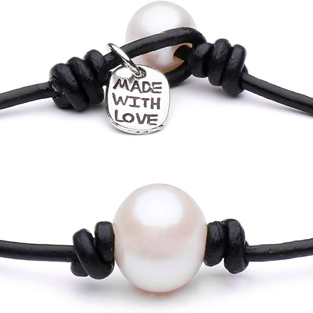 Handmade Cultured Freshwater Single Pearl  Genuine Leather Wrap Bracelet‎  Charm